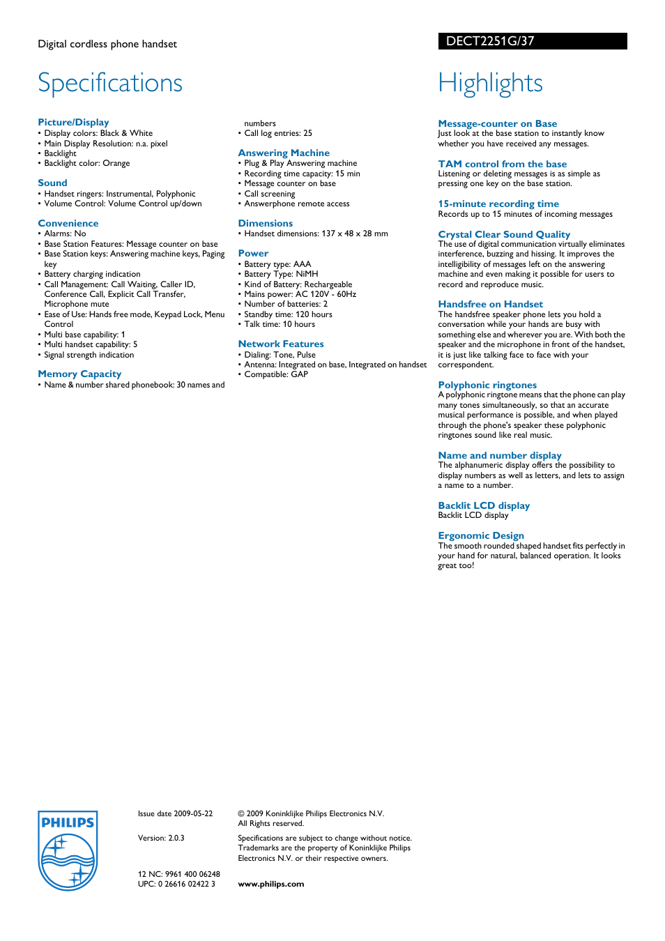 Specifications, Highlights | Philips DECT2251G-37 User Manual | Page 2 / 2