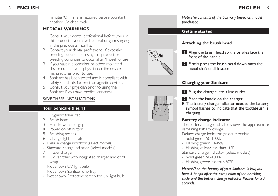 Medical warnings, Your sonicare (fig. 1), Getting started | Attaching the brush head, Charging your sonicare, Battery charge indicator | Philips HX6733-90 User Manual | Page 5 / 13
