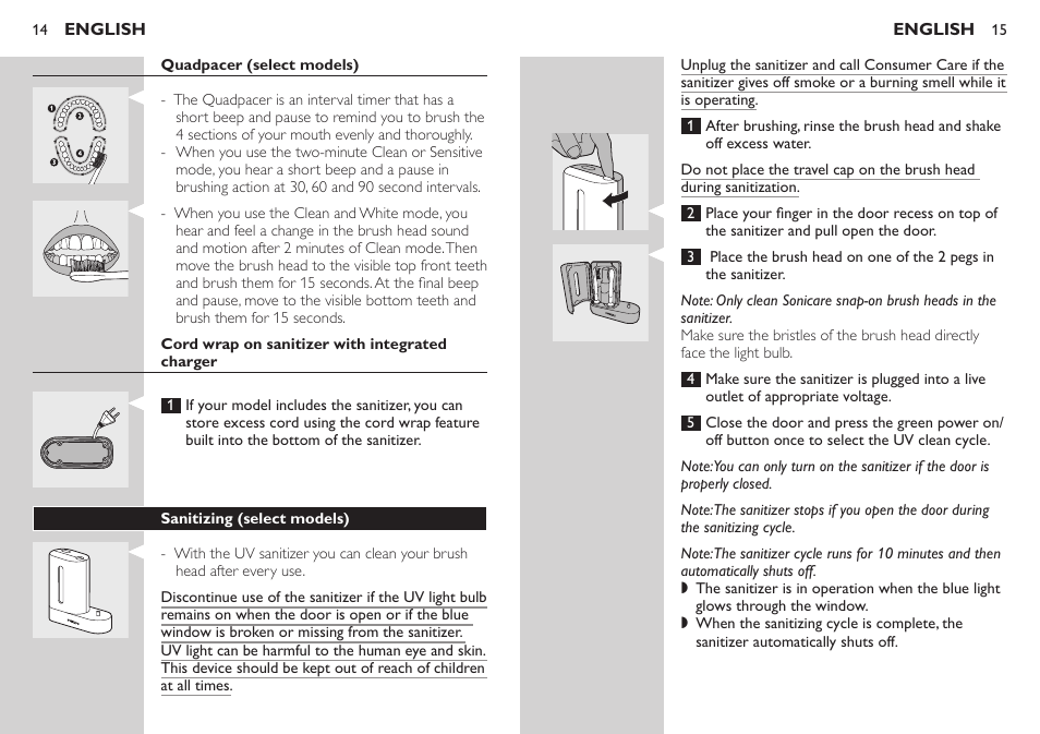 Quadpacer (select models), Cord wrap on sanitizer with integrated charger, Sanitizing (select models) | Philips HX6733-90 User Manual | Page 8 / 13