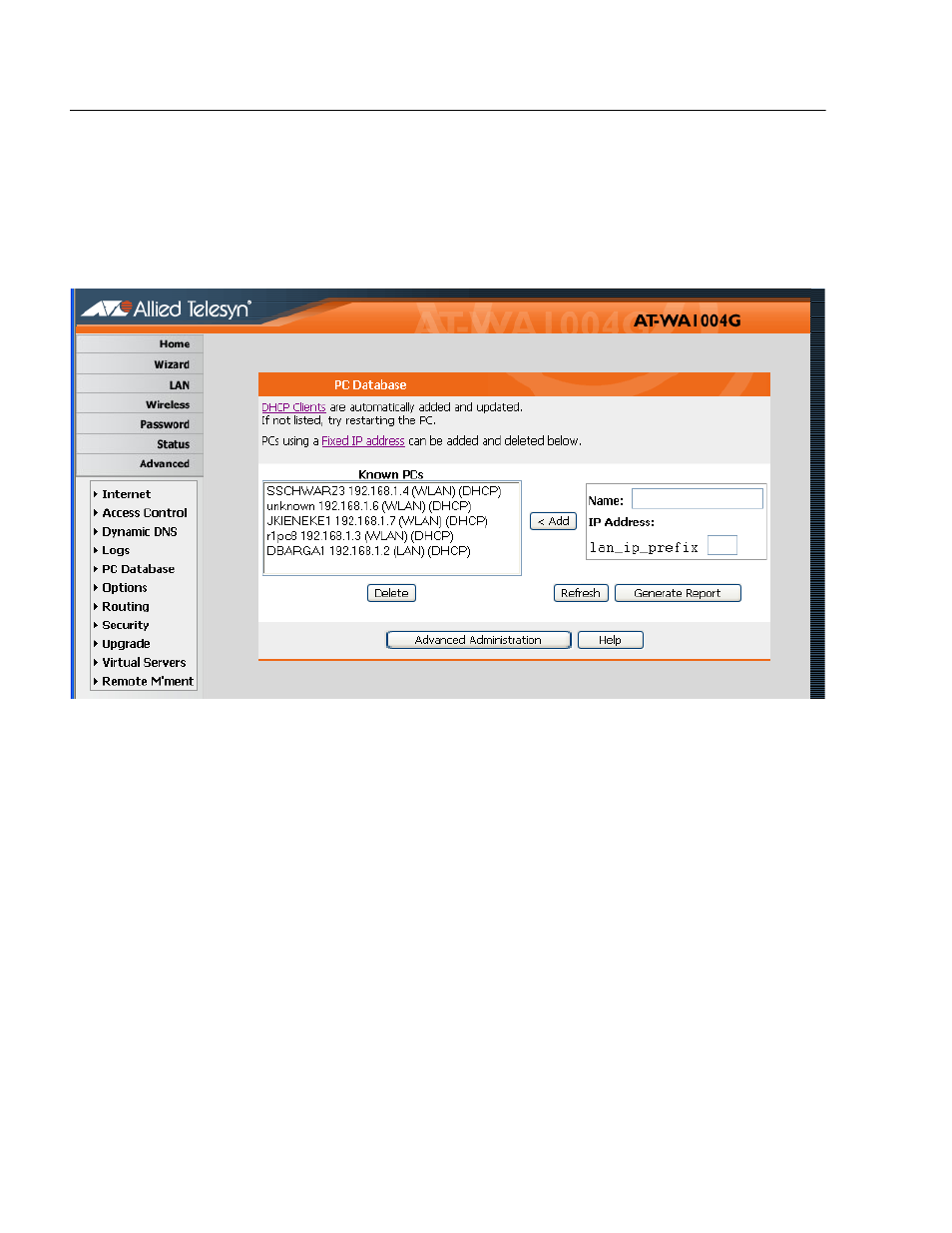 Pc database, Pc database screen | Allied Telesis AT-WA1004G User Manual | Page 112 / 142