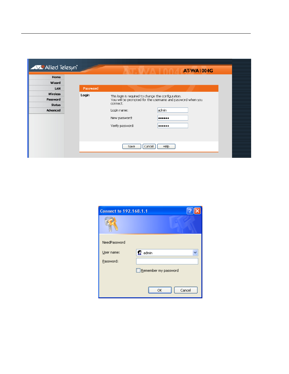 Password screen | Allied Telesis AT-WA1004G User Manual | Page 46 / 142