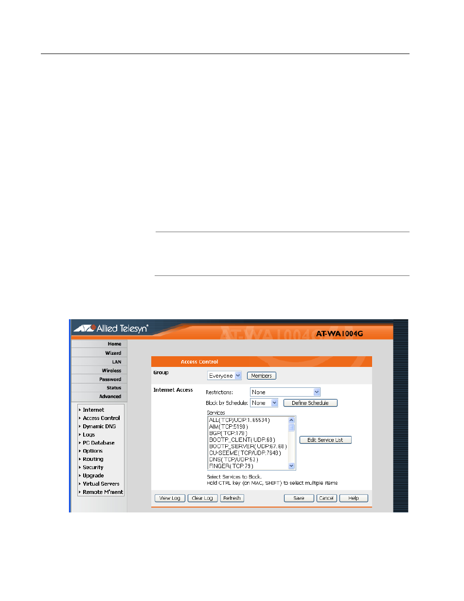 Access control, Overview, Access control screen | Overview access control screen | Allied Telesis AT-WA1004G User Manual | Page 83 / 142