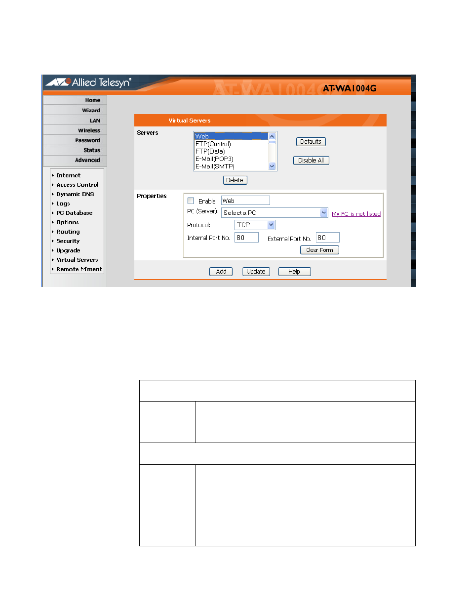 Virtual servers screen | Allied Telesis AT-WA1004G User Manual | Page 99 / 142
