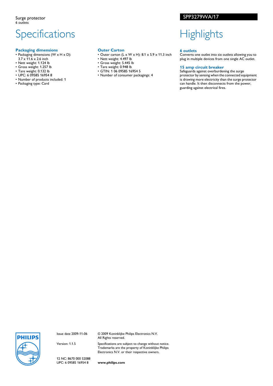 Specifications, Highlights | Philips SPP3279WA-17 User Manual | Page 2 / 2