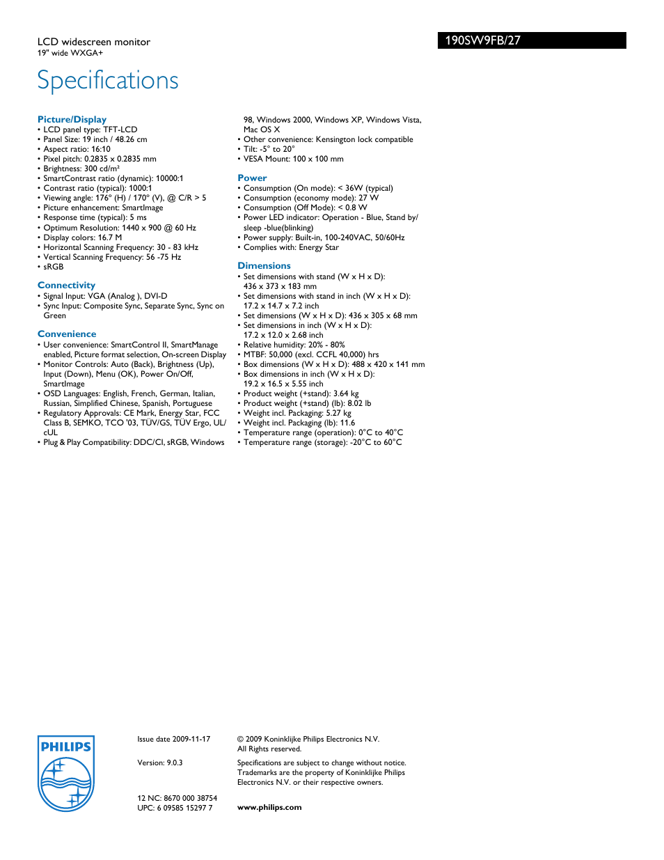 Specifications | Philips 190SW9FB-27 User Manual | Page 3 / 3