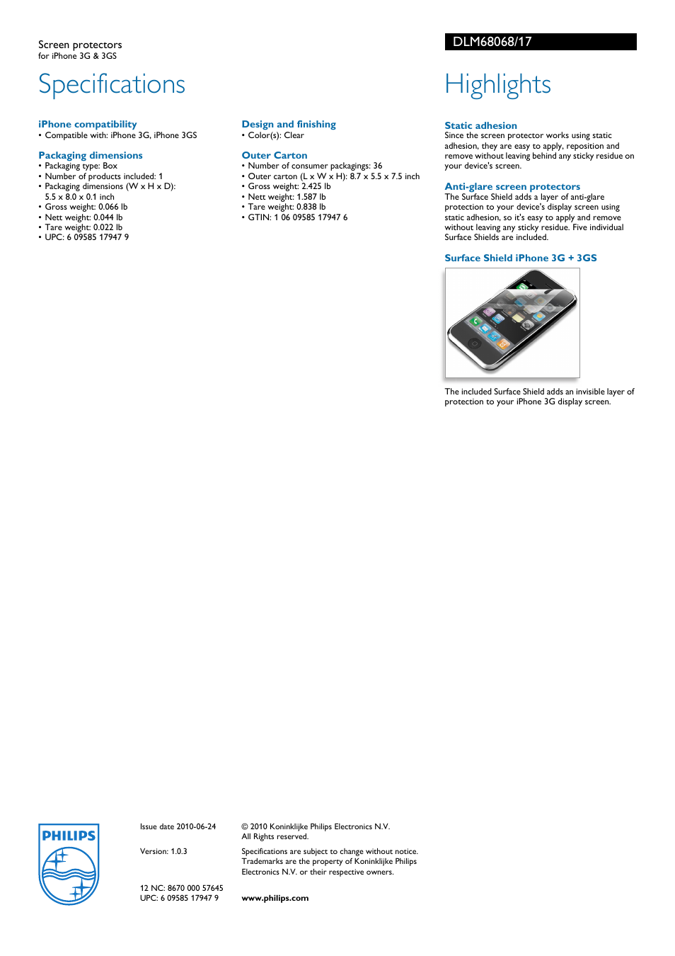 Specifications, Highlights | Philips DLM68068-17 User Manual | Page 2 / 2