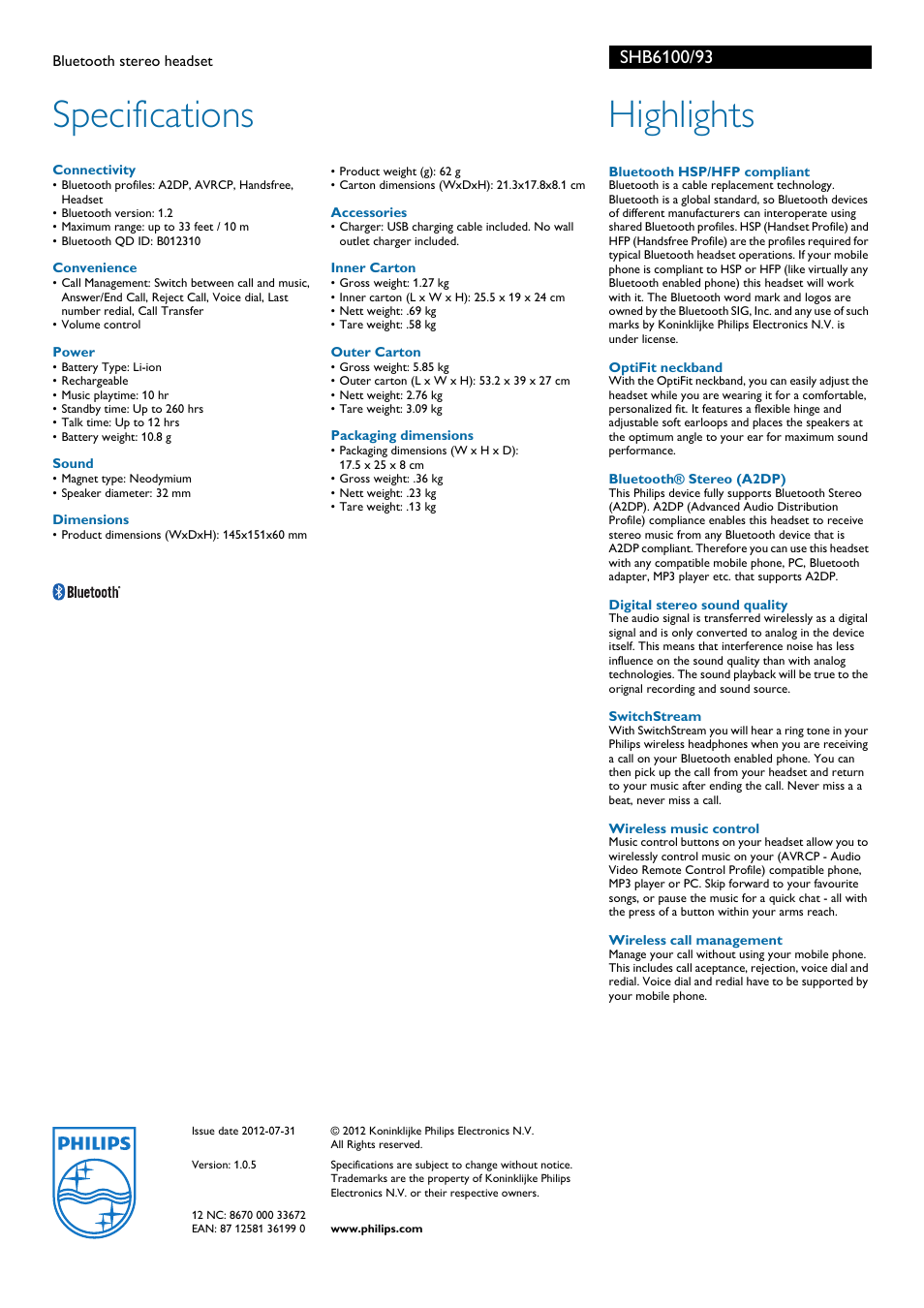 Specifications, Highlights | Philips SHB6100-93 User Manual | Page 2 / 2