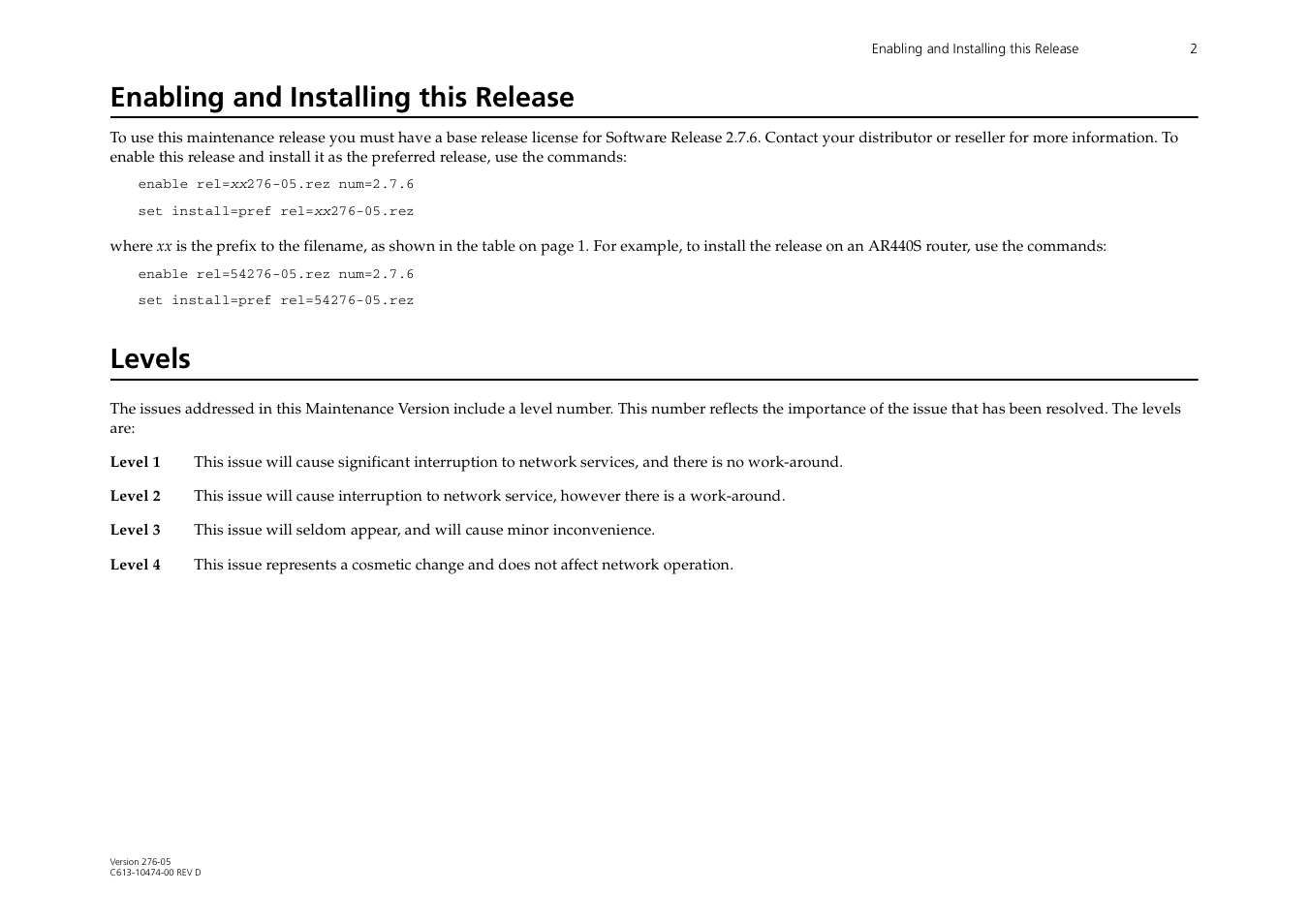 Enabling and installing this release, Levels | Allied Telesis AR44xS series User Manual | Page 2 / 84