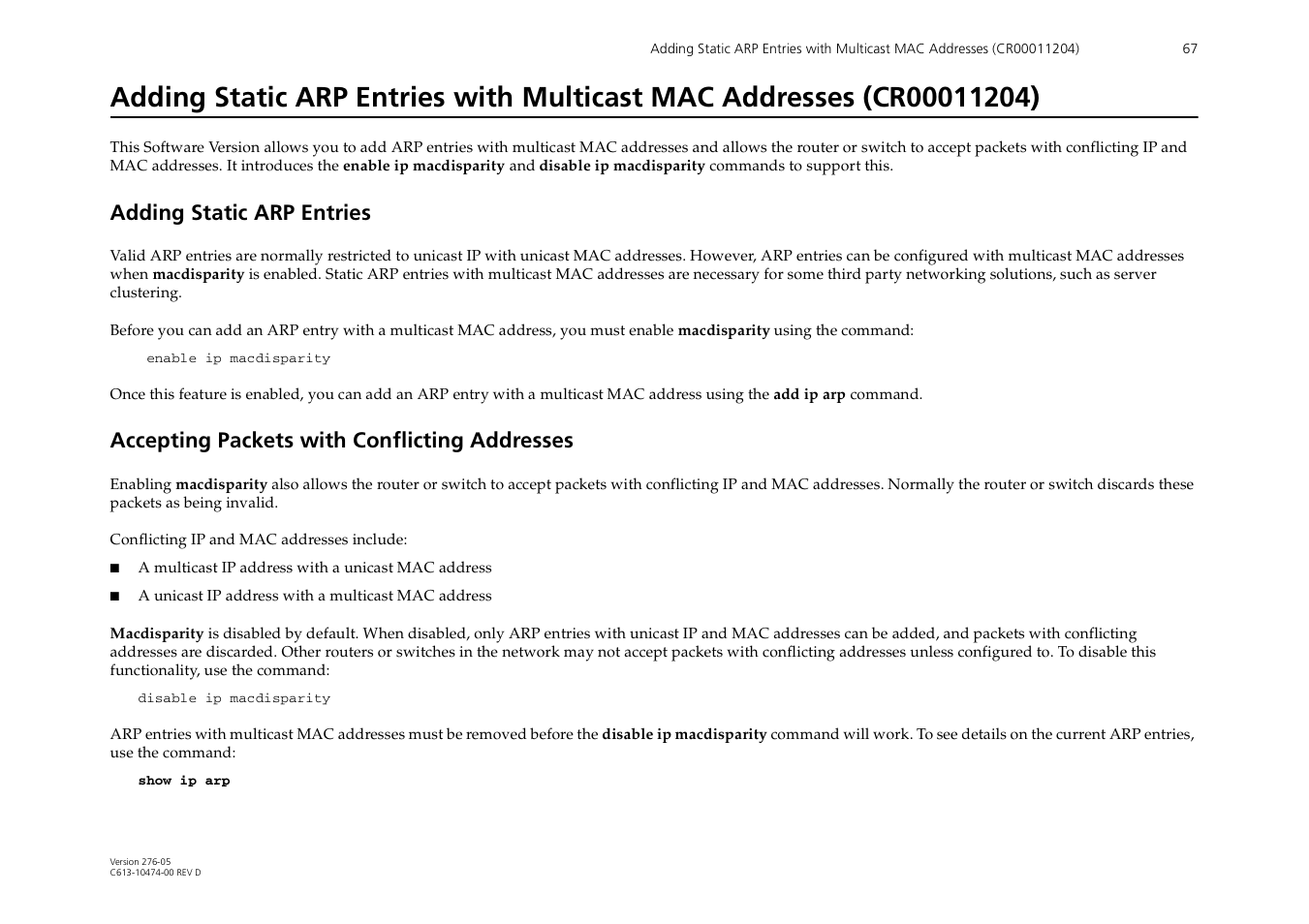 Adding static arp entries, Accepting packets with conflicting addresses, Adding | Allied Telesis AR44xS series User Manual | Page 67 / 84