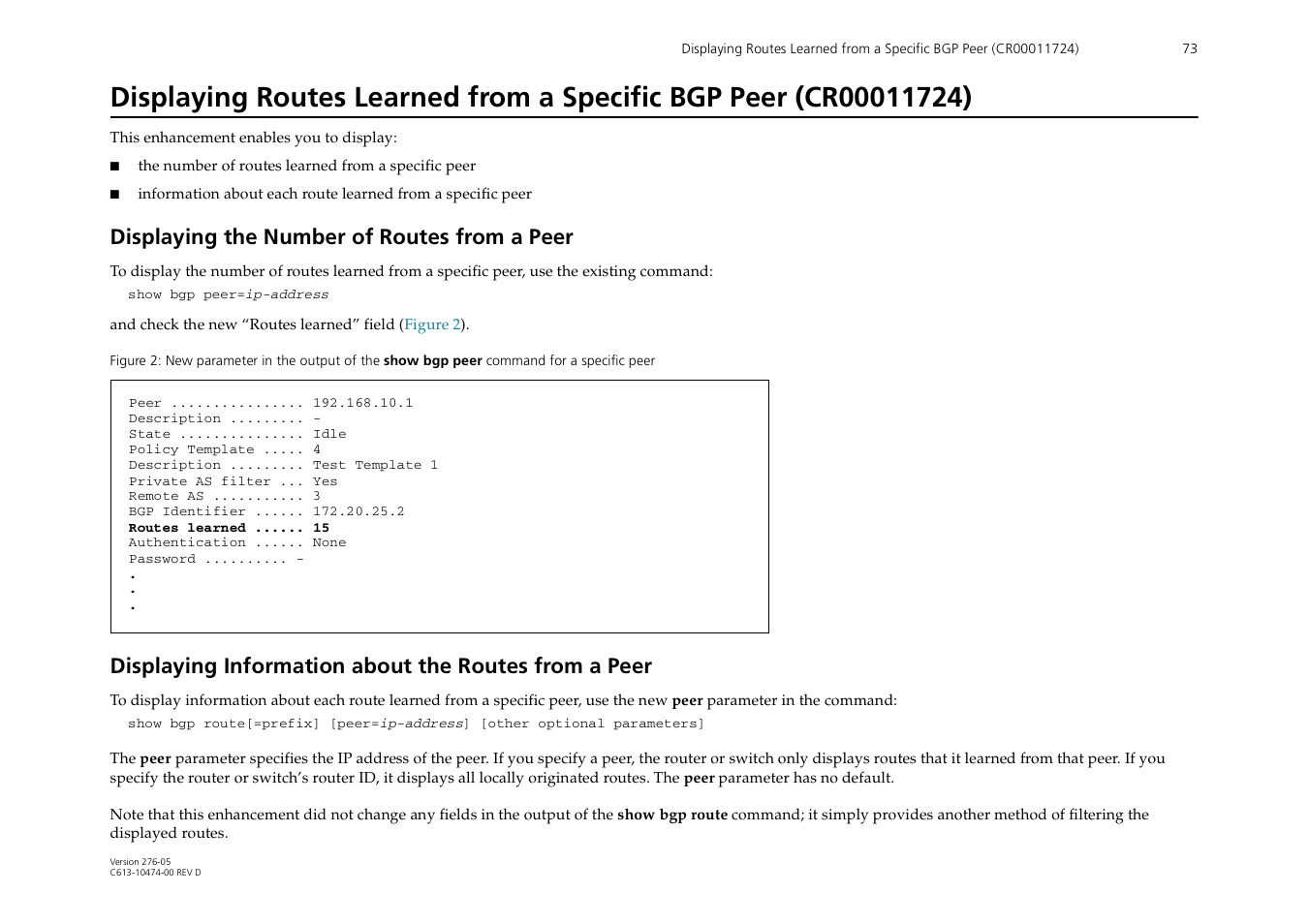 Displaying the number of routes from a peer, Displaying routes learned from a specific bgp peer | Allied Telesis AR44xS series User Manual | Page 73 / 84