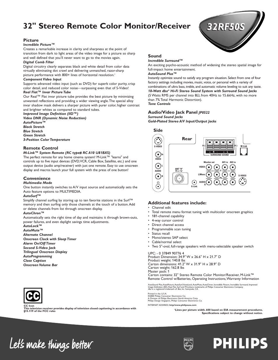 32rf50s, 32" stereo remote color monitor/receiver, Picture | Remote control, Convenience, Sound, Audio/video jack panel, Additional features include, Rear side | Philips 32RF50S User Manual | Page 2 / 2