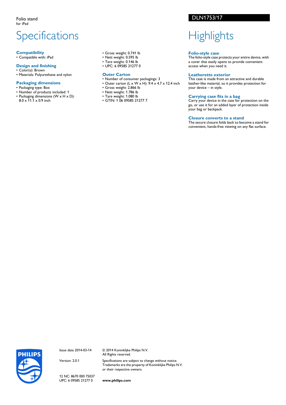 Specifications, Highlights | Philips DLN1753-17 User Manual | Page 2 / 2