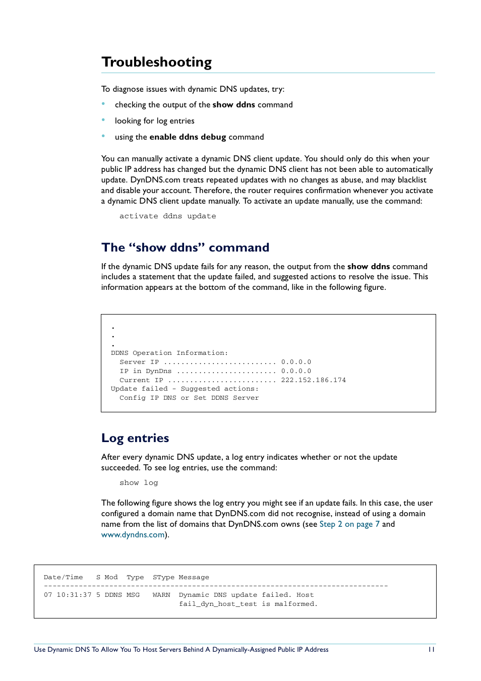 Troubleshooting, The “show ddns” command, Log entries | Allied Telesis AlliedWare NetScreen Routers User Manual | Page 11 / 12
