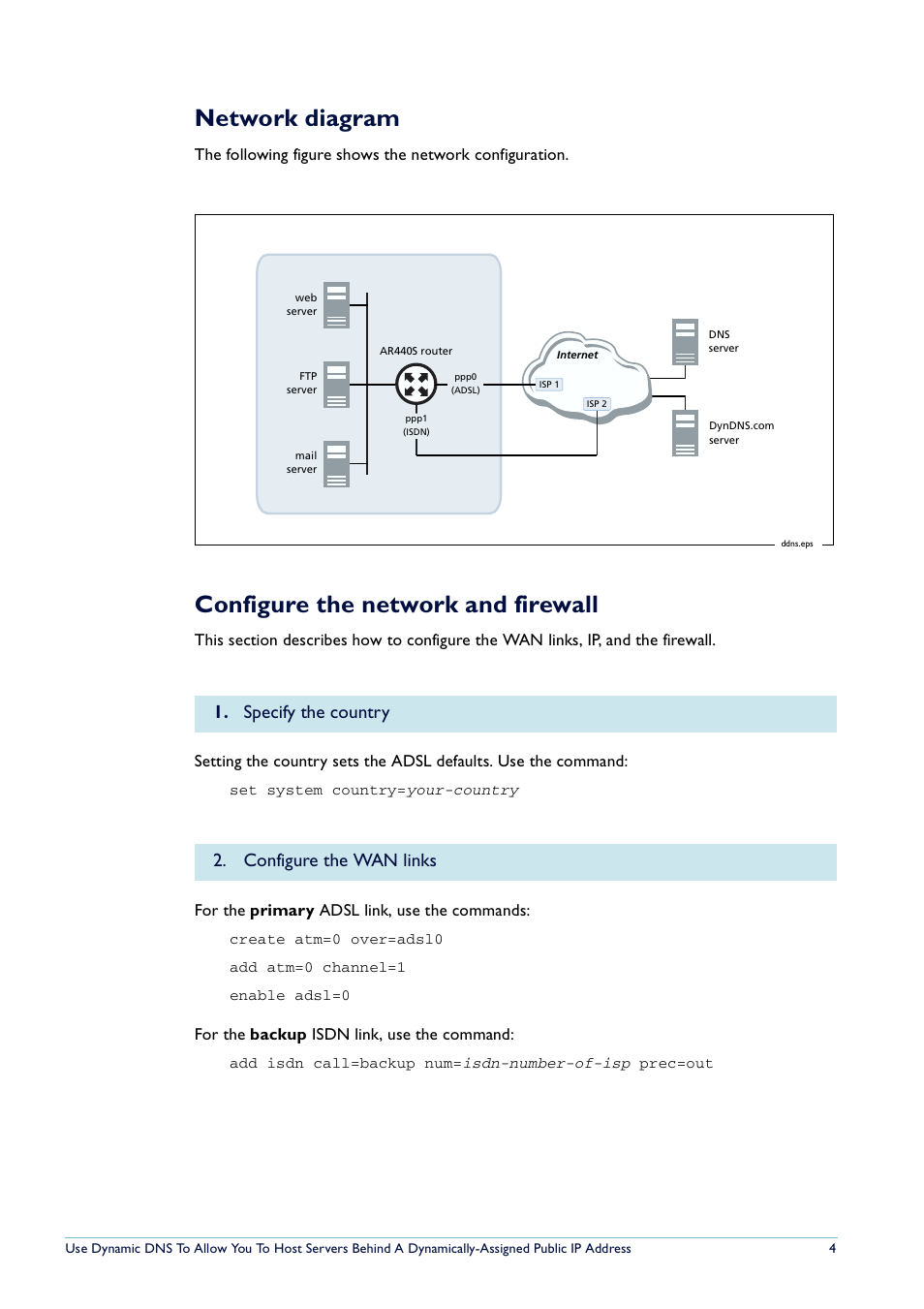 Network diagram, Configure the network and firewall, Specify the country 2. configure the wan links | Allied Telesis AlliedWare NetScreen Routers User Manual | Page 4 / 12