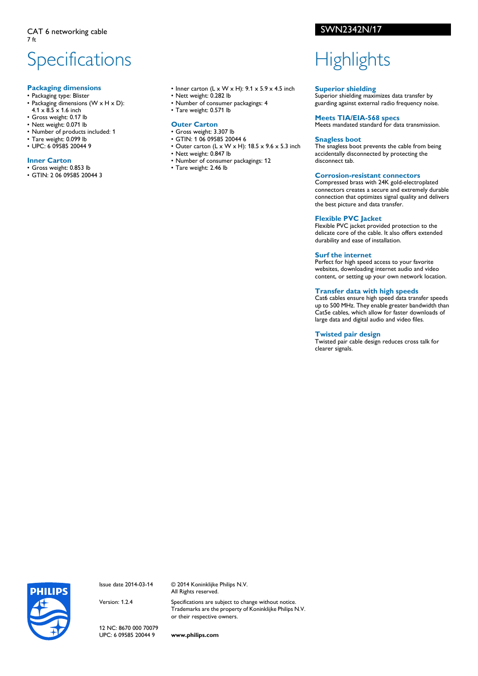 Specifications, Highlights | Philips CAT 6 networking cable SWN2342N 7 ft User Manual | Page 2 / 2