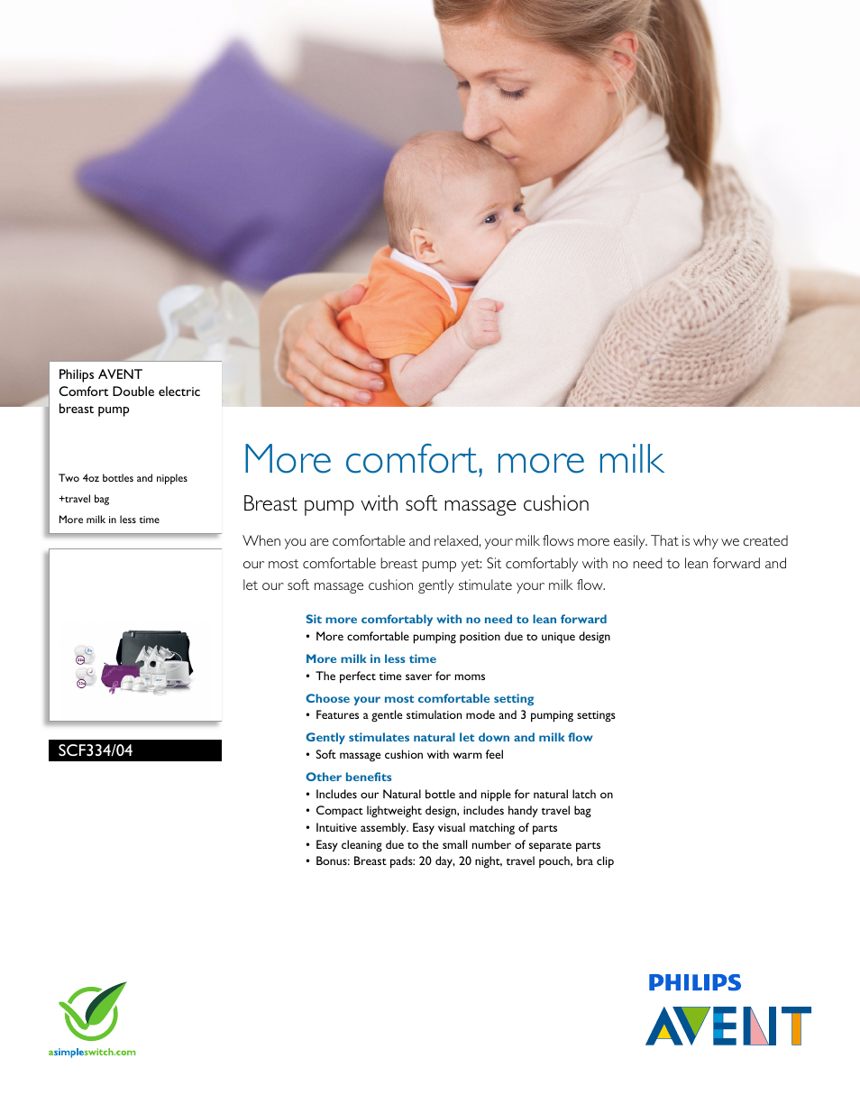 Philips AVENT Comfort Double electric breast pump SCF334-04 Two 4oz bottles and nipples +travel bag More milk in less time User Manual | 3 pages