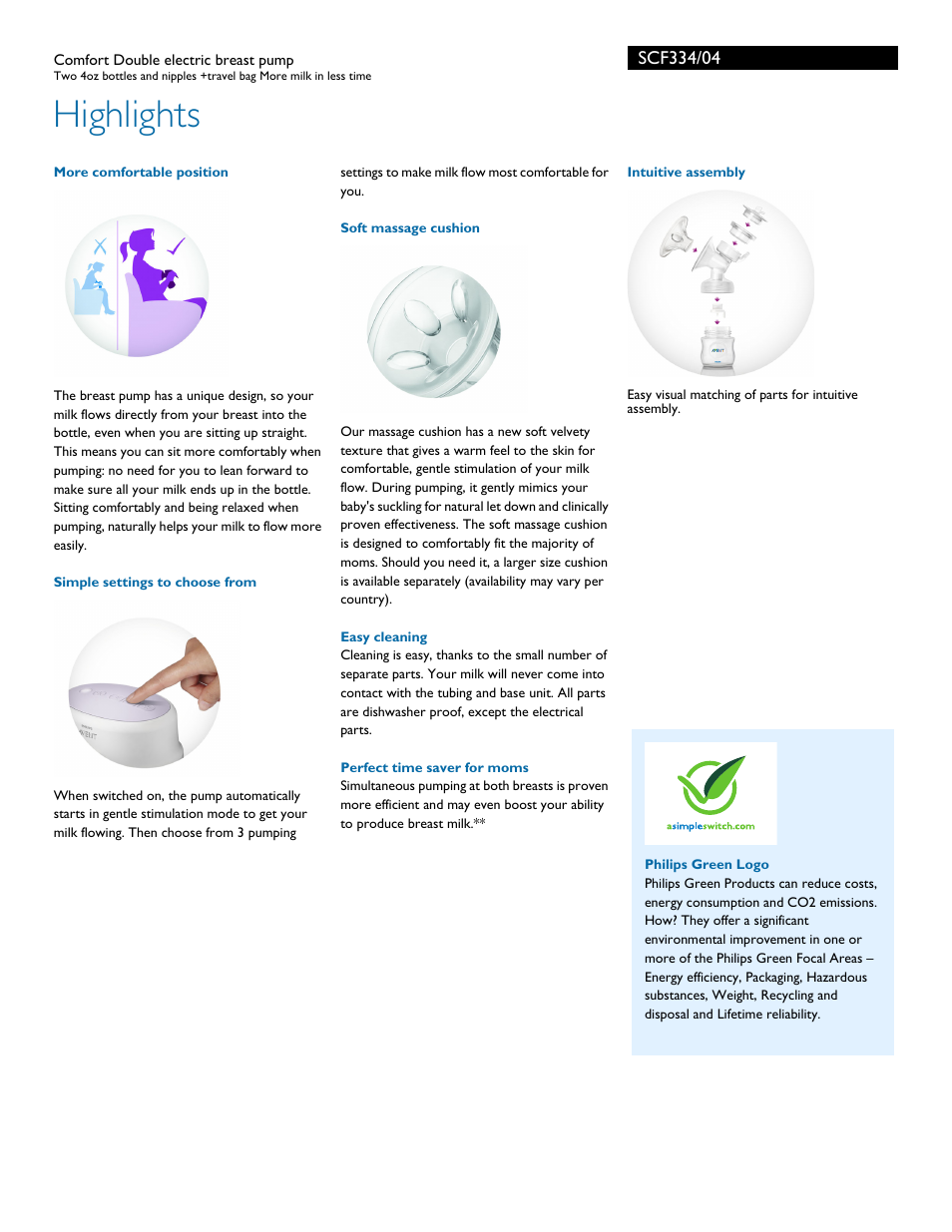 Highlights | Philips AVENT Comfort Double electric breast pump SCF334-04 Two 4oz bottles and nipples +travel bag More milk in less time User Manual | Page 2 / 3