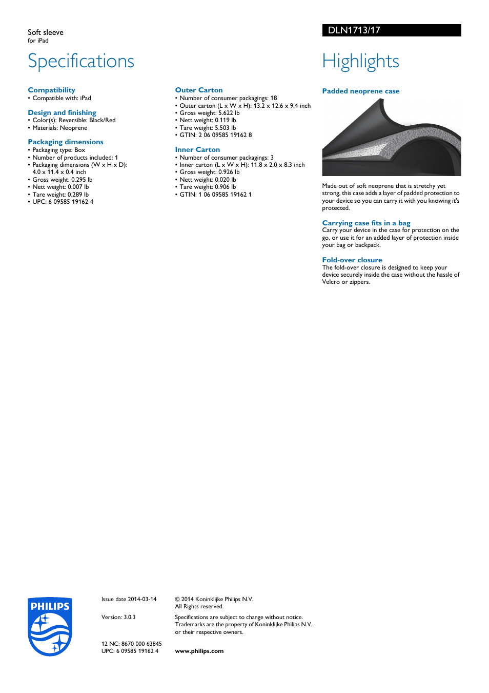 Specifications, Highlights | Philips Soft sleeve DLN1713 for iPad User Manual | Page 2 / 2