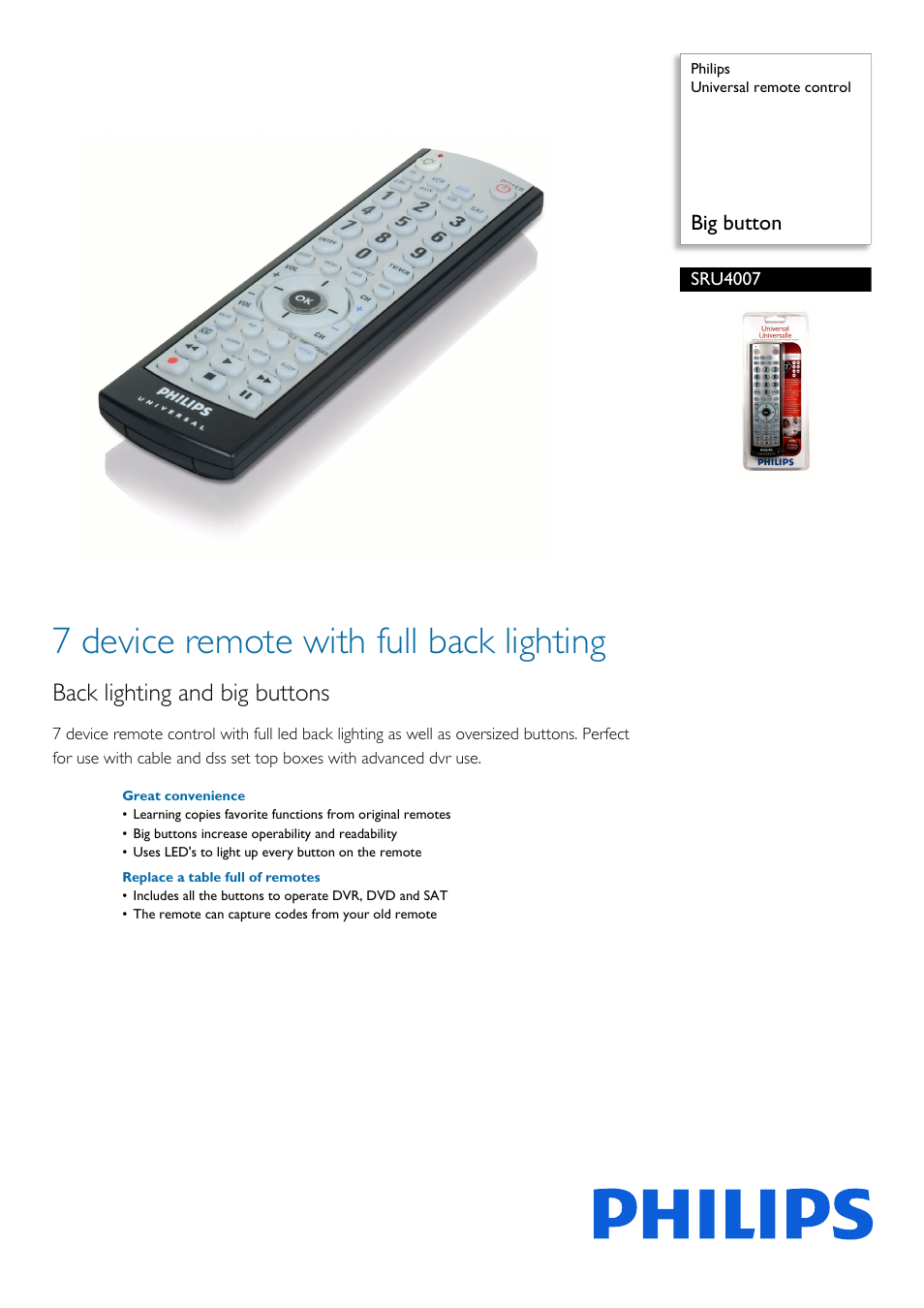 Philips Universal remote control SRU4007 Big button User Manual | 2 pages