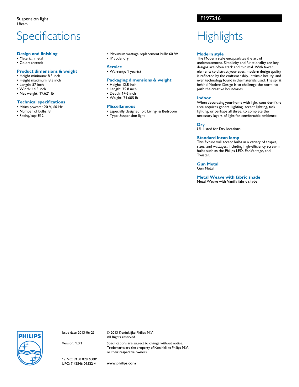 Specifications, Highlights | Philips F197216 User Manual | Page 2 / 2
