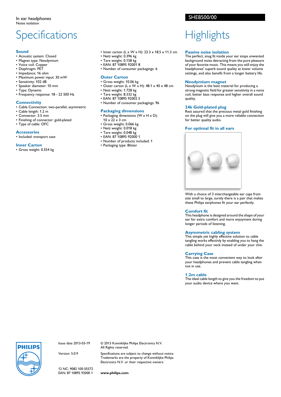 Specifications, Highlights | Philips SHE8500-00 User Manual | Page 2 / 2