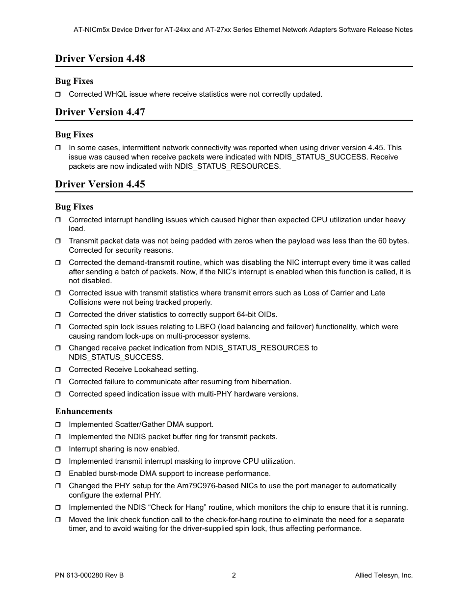 Driver version 4.48, Driver version 4.47, Driver version 4.45 | Allied Telesis AT-24xx User Manual | Page 2 / 3