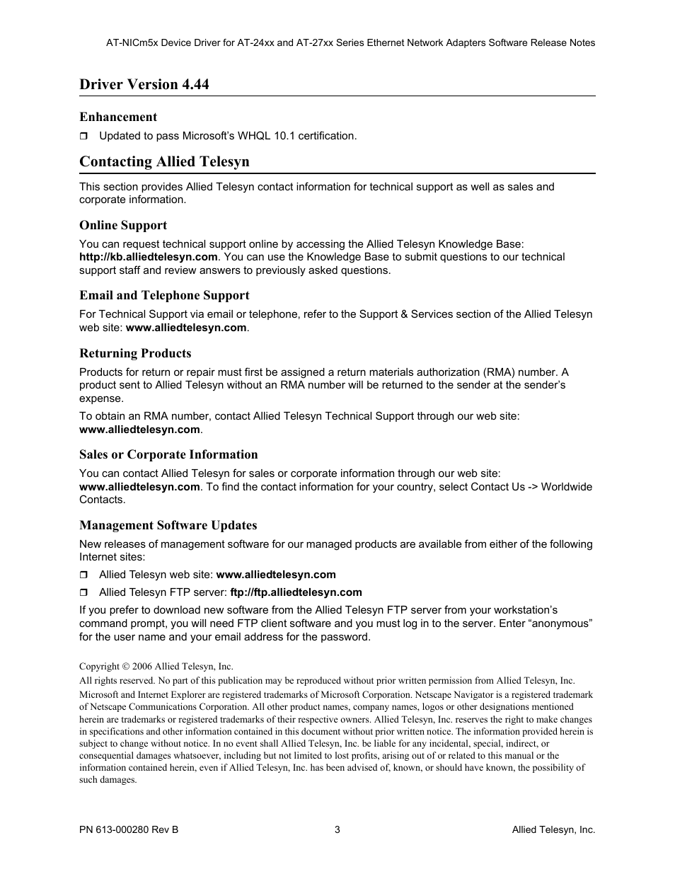 Driver version 4.44, Contacting allied telesyn | Allied Telesis AT-24xx User Manual | Page 3 / 3
