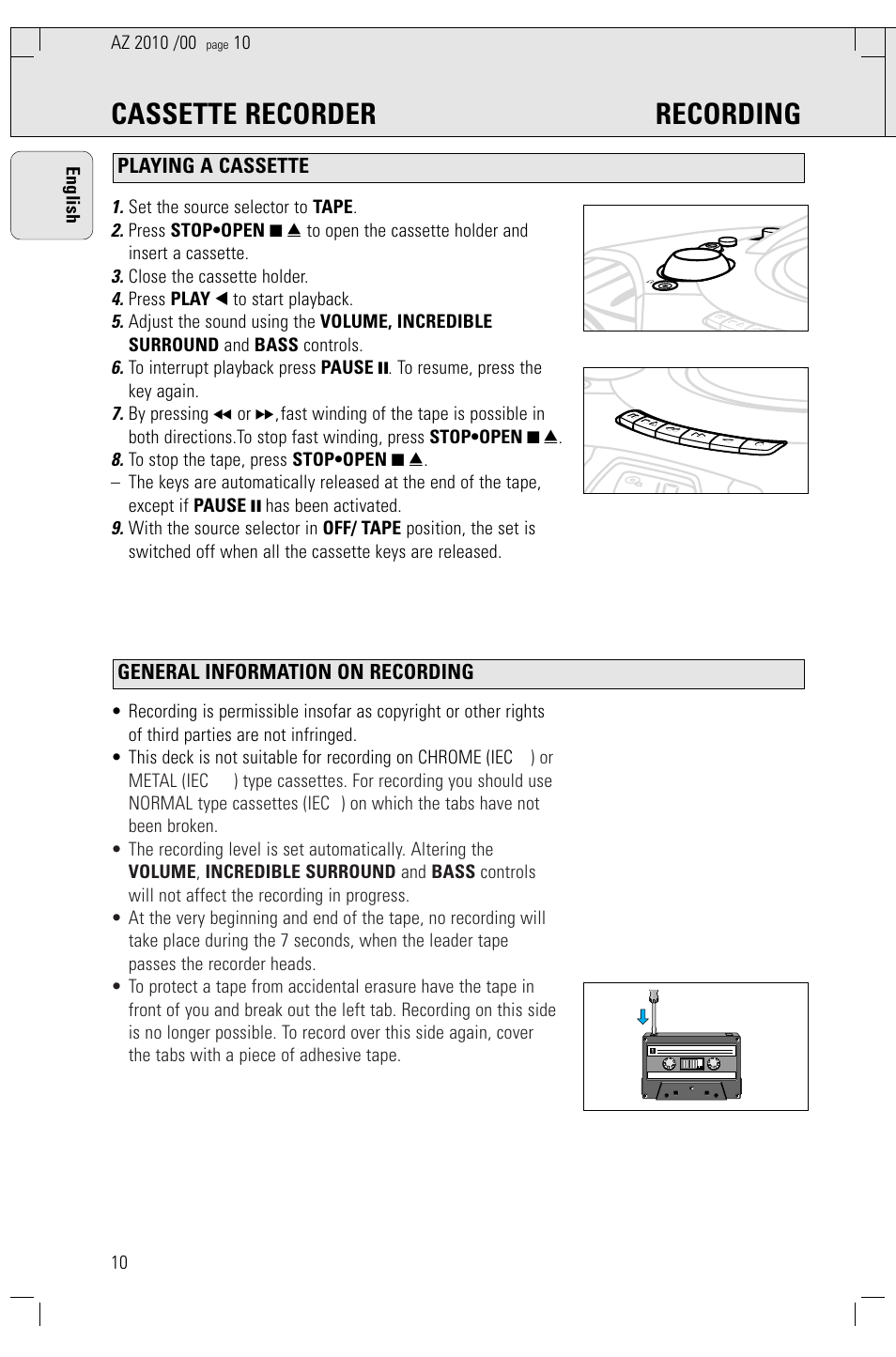 Cassette recorder recording, Set the source selector to tape, Close the cassette holder | Press play 1 to start playback, 10 english | Philips AZ2010-17 User Manual | Page 10 / 115