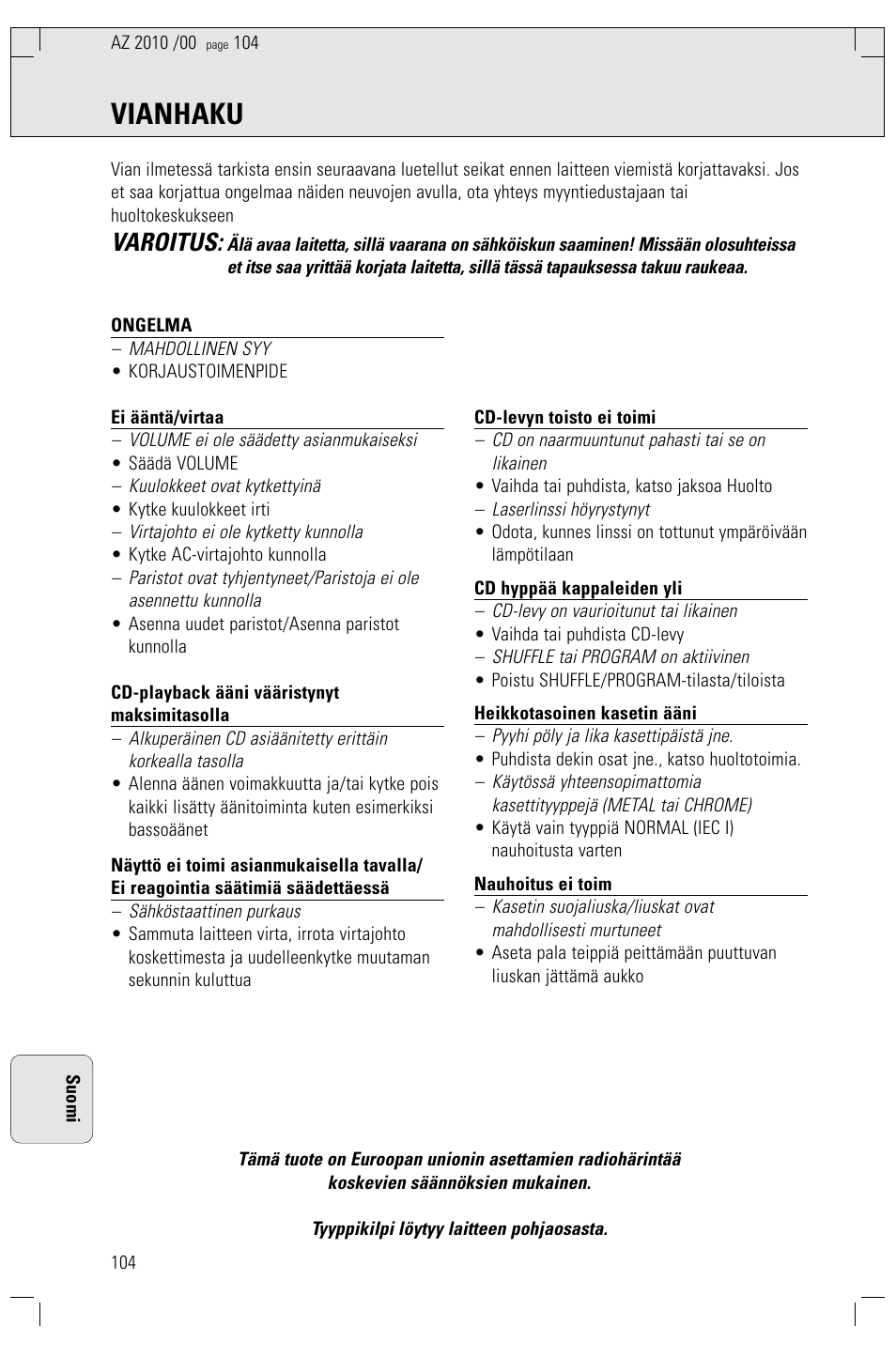 Vianhaku, Varoitus | Philips AZ2010-17 User Manual | Page 104 / 115