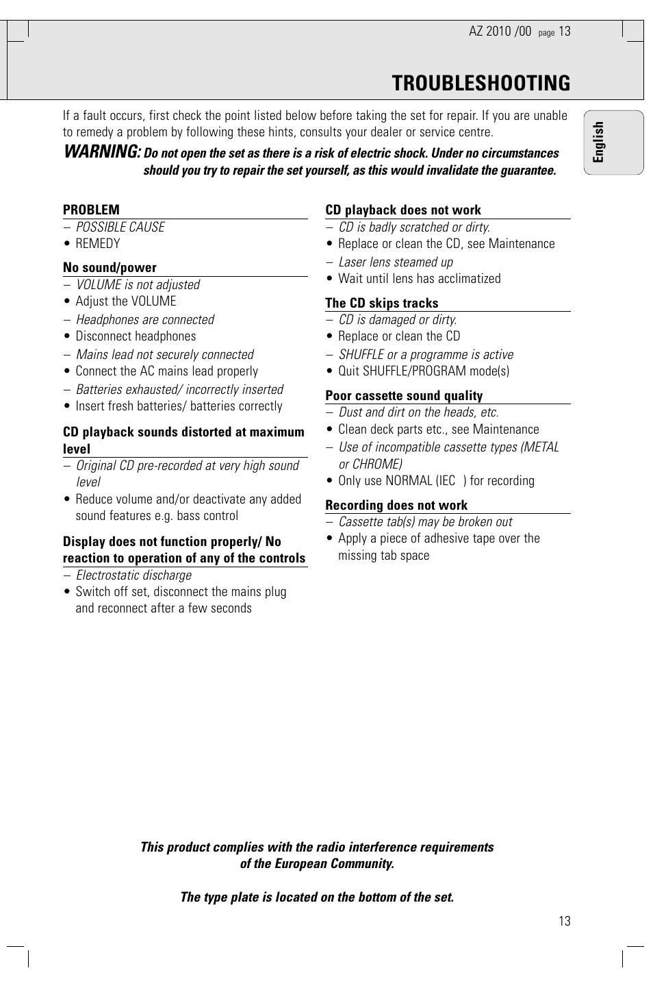 Troubleshooting, Warning | Philips AZ2010-17 User Manual | Page 13 / 115