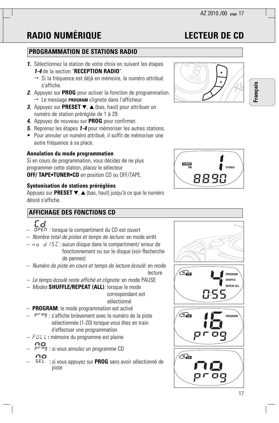 Radio numérique lecteur de cd, Nombre total de pistes et temps de lecture, Modes | Appuyez de nouveau sur prog pour confirmer, Reprenez les étapes, En mode lecture, En mode pause, Shuffle/repeat (all) | Philips AZ2010-17 User Manual | Page 17 / 115