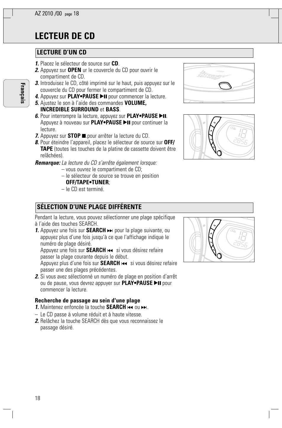 Lecteur de cd, Sélection d’une plage différente lecture d’un cd, Placez le sélecteur de source sur cd | Appuyez sur stop 9.pour arrêter la lecture du cd | Philips AZ2010-17 User Manual | Page 18 / 115
