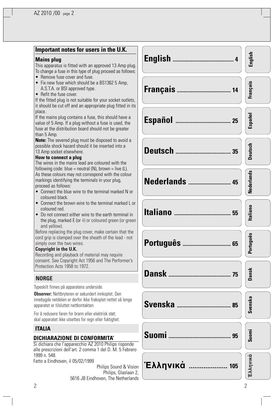 English, Français, Español | Deutsch, Nederlands, Italiano, Português, Dansk, Svenska, Suomi | Philips AZ2010-17 User Manual | Page 2 / 115