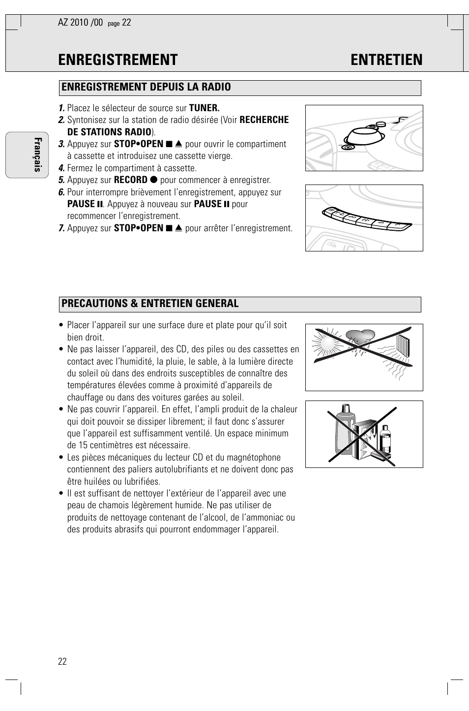 Enregistrement entretien, Placez le sélecteur de source sur tuner, Fermez le compartiment à cassette | Appuyez sur record 0 pour commencer à enregistrer | Philips AZ2010-17 User Manual | Page 22 / 115