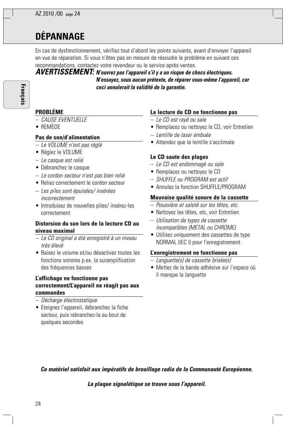 Dépannage, Avertissement | Philips AZ2010-17 User Manual | Page 24 / 115