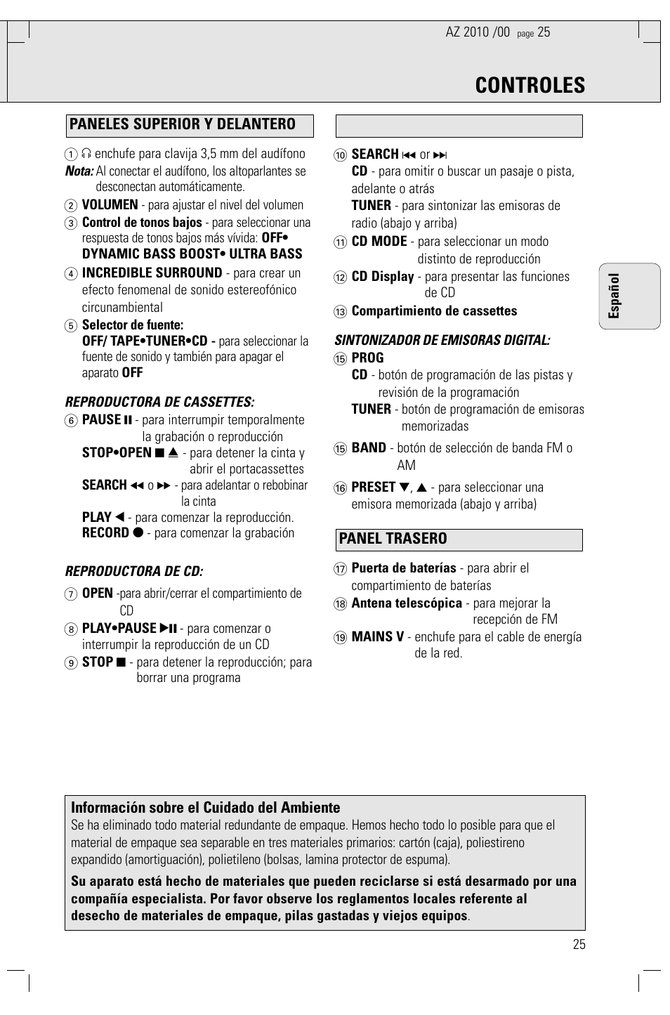 Controles | Philips AZ2010-17 User Manual | Page 25 / 115