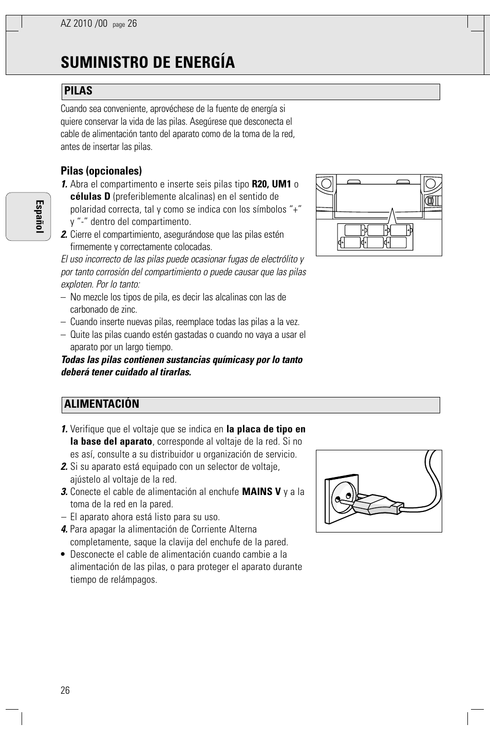 Suministro de energía | Philips AZ2010-17 User Manual | Page 26 / 115