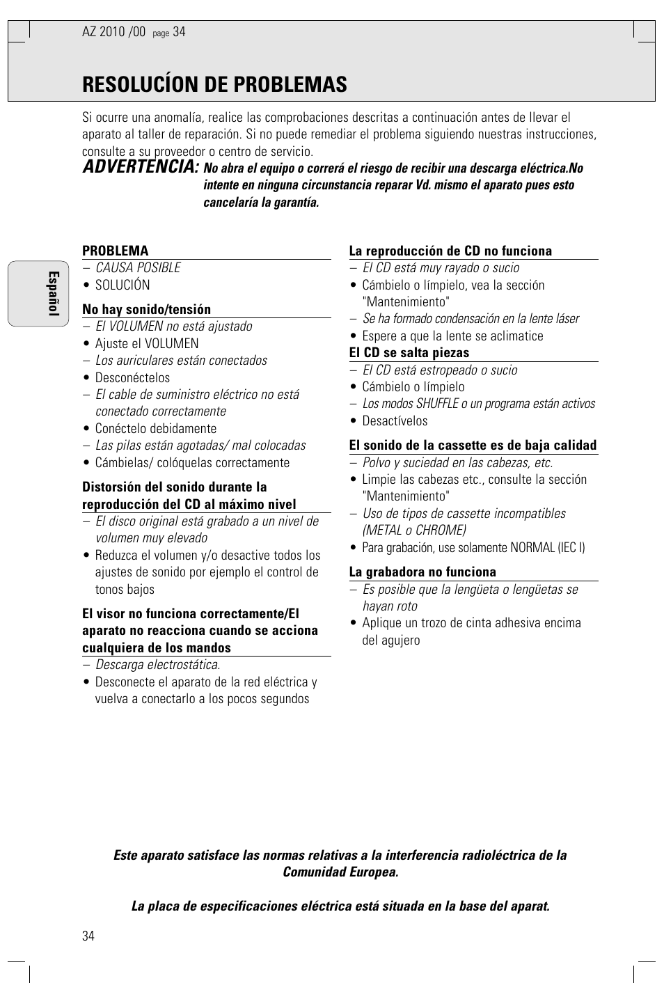 Resolucíon de problemas, Advertencia | Philips AZ2010-17 User Manual | Page 34 / 115