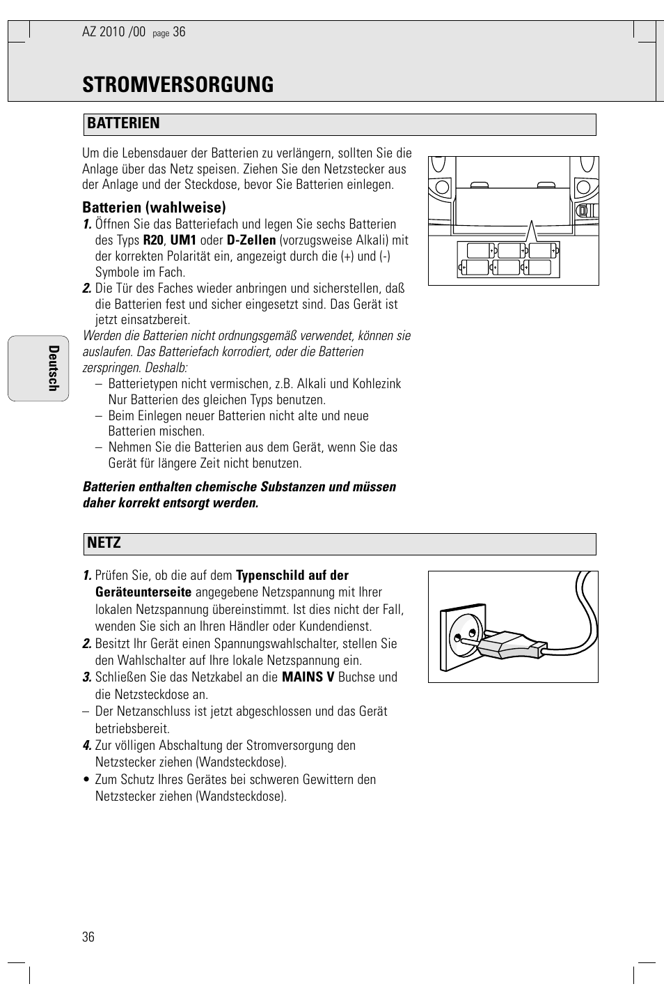 Stromversorgung | Philips AZ2010-17 User Manual | Page 36 / 115