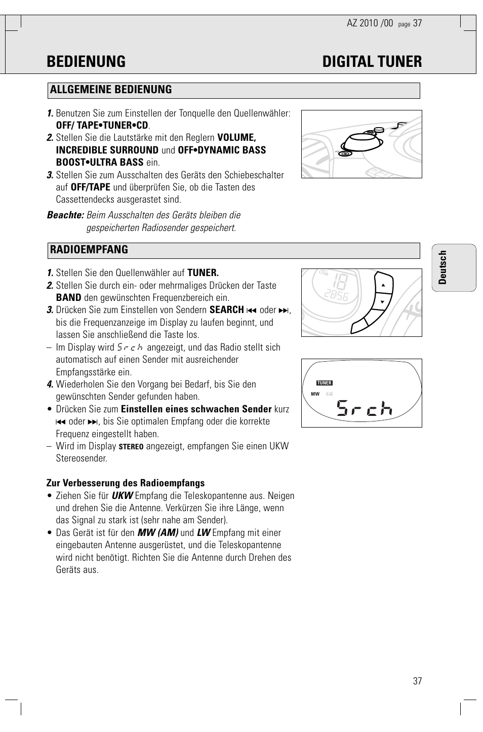 Bedienung digital tuner, Radioempfang allgemeine bedienung, Mw (am) | Stellen sie den quellenwähler auf tuner, 37 deutsch | Philips AZ2010-17 User Manual | Page 37 / 115