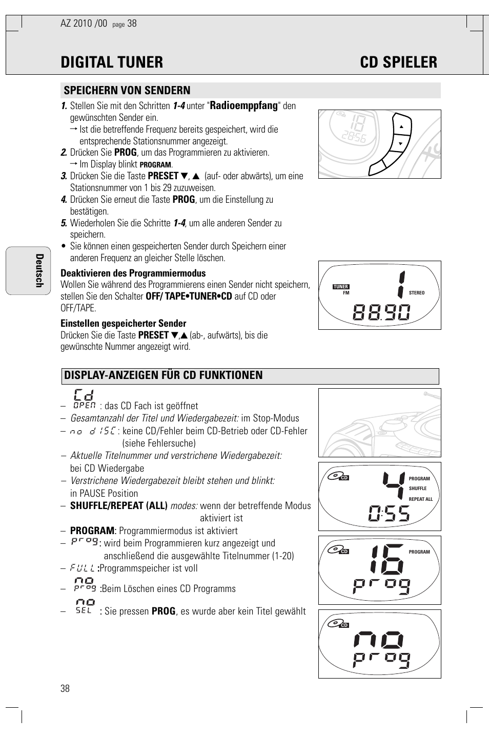 Digital tuner cd spieler, Speichern von sendern, Radioemppfang | Display-anzeigen für cd funktionen, Gesamtanzahl der titel und wiedergabezeit, Modes, Stellen sie mit den schritten, Unter, Wiederholen sie die schritte, Bei cd wiedergabe | Philips AZ2010-17 User Manual | Page 38 / 115