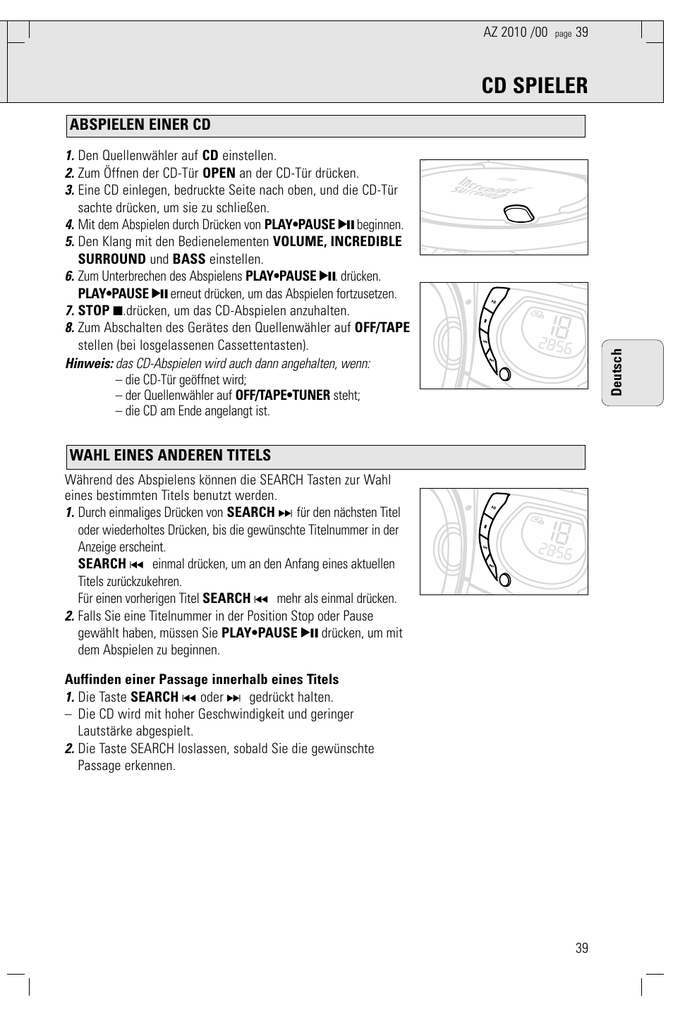 Cd spieler, Wahl eines anderen titels abspielen einer cd, Den quellenwähler auf cd einstellen | Zum öffnen der cd-tür open an der cd-tür drücken, Stop 9.drücken, um das cd-abspielen anzuhalten, 39 deutsch | Philips AZ2010-17 User Manual | Page 39 / 115