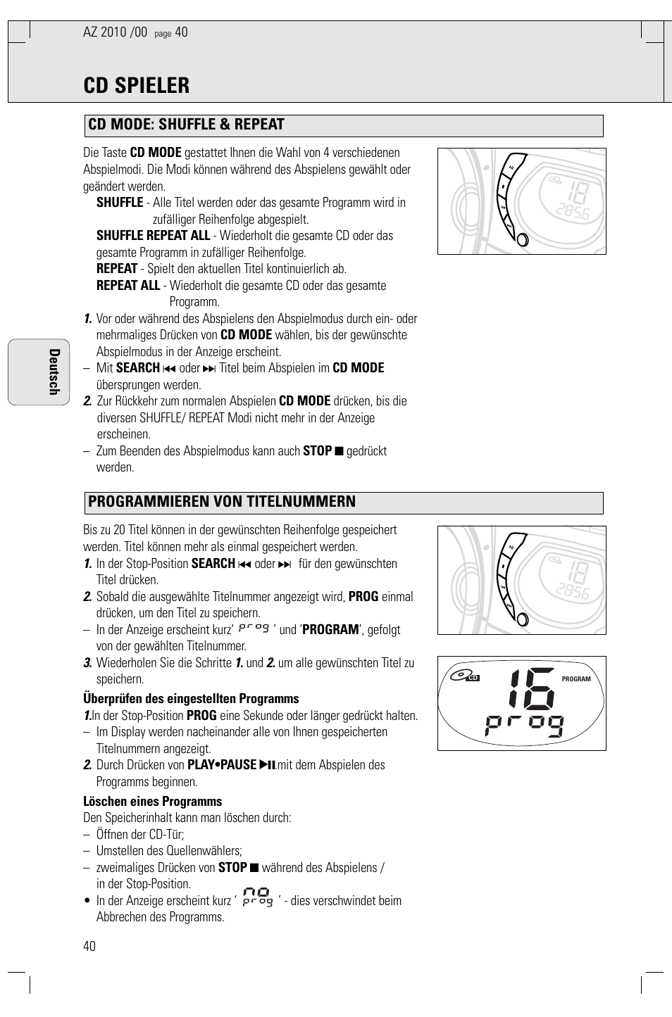 Cd spieler, 40 deutsch | Philips AZ2010-17 User Manual | Page 40 / 115