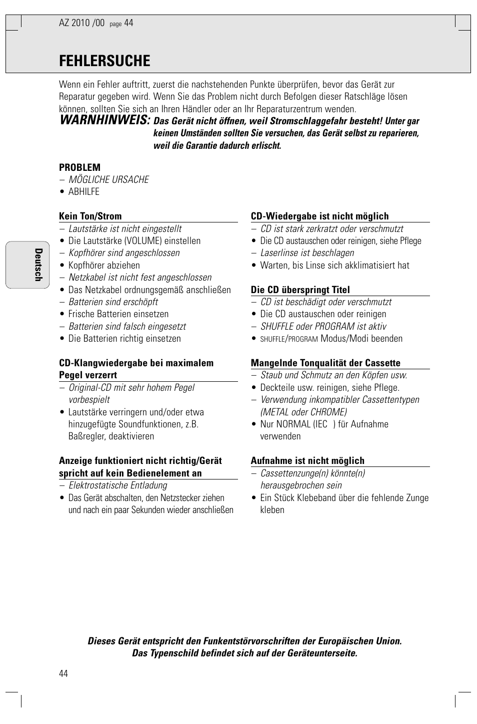 Fehlersuche, Warnhinweis | Philips AZ2010-17 User Manual | Page 44 / 115