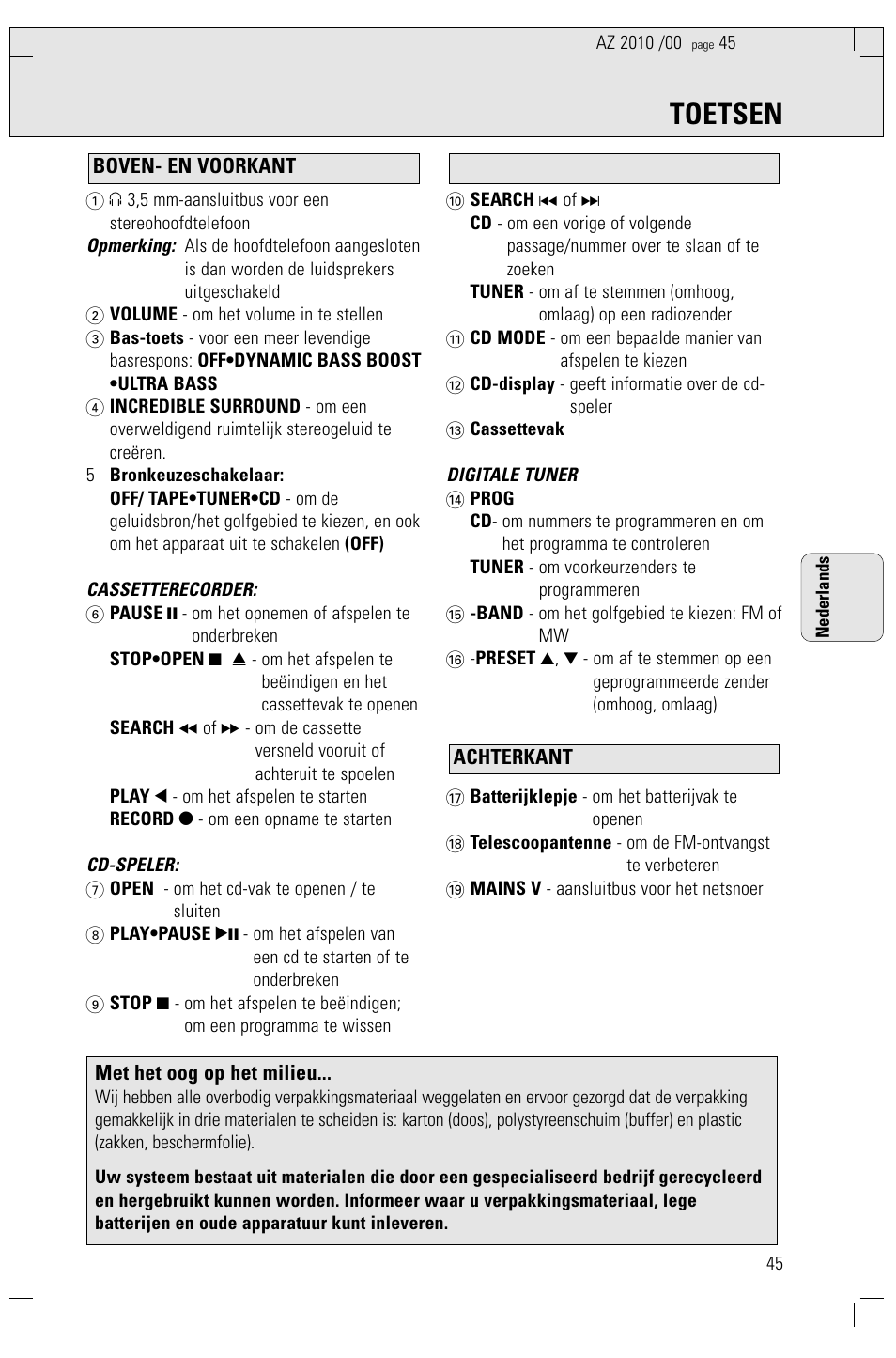 Toetsen | Philips AZ2010-17 User Manual | Page 45 / 115