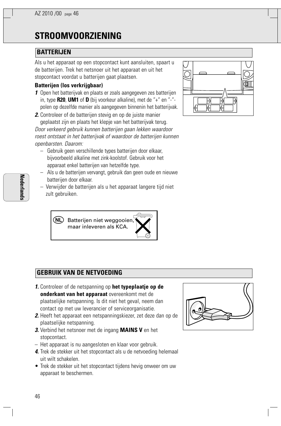 Stroomvoorziening | Philips AZ2010-17 User Manual | Page 46 / 115