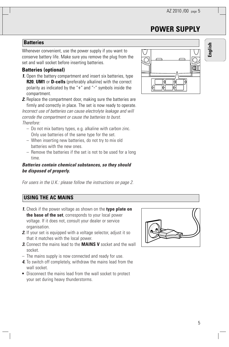 Power supply | Philips AZ2010-17 User Manual | Page 5 / 115