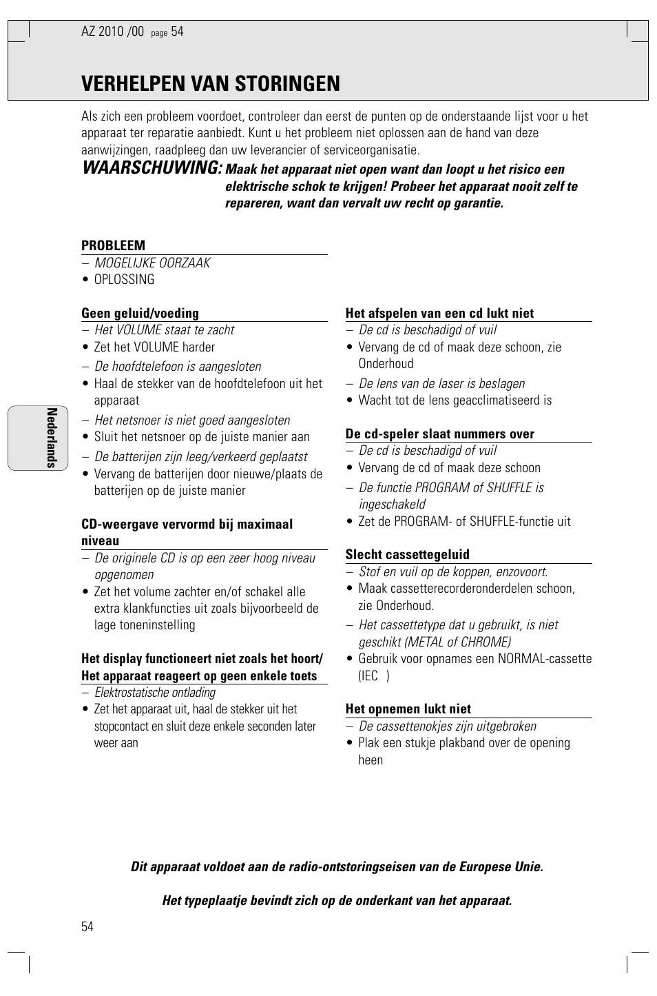 Verhelpen van storingen, Waarschuwing | Philips AZ2010-17 User Manual | Page 54 / 115