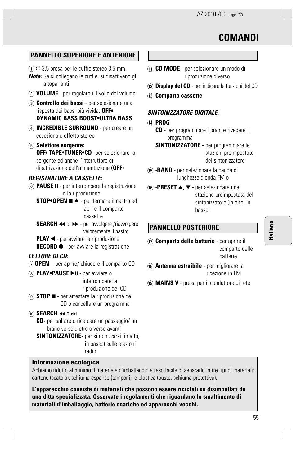 Comandi | Philips AZ2010-17 User Manual | Page 55 / 115