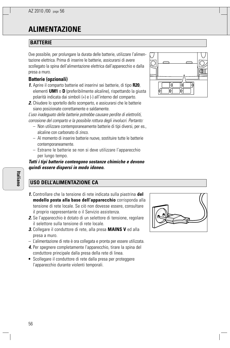 Alimentazione | Philips AZ2010-17 User Manual | Page 56 / 115